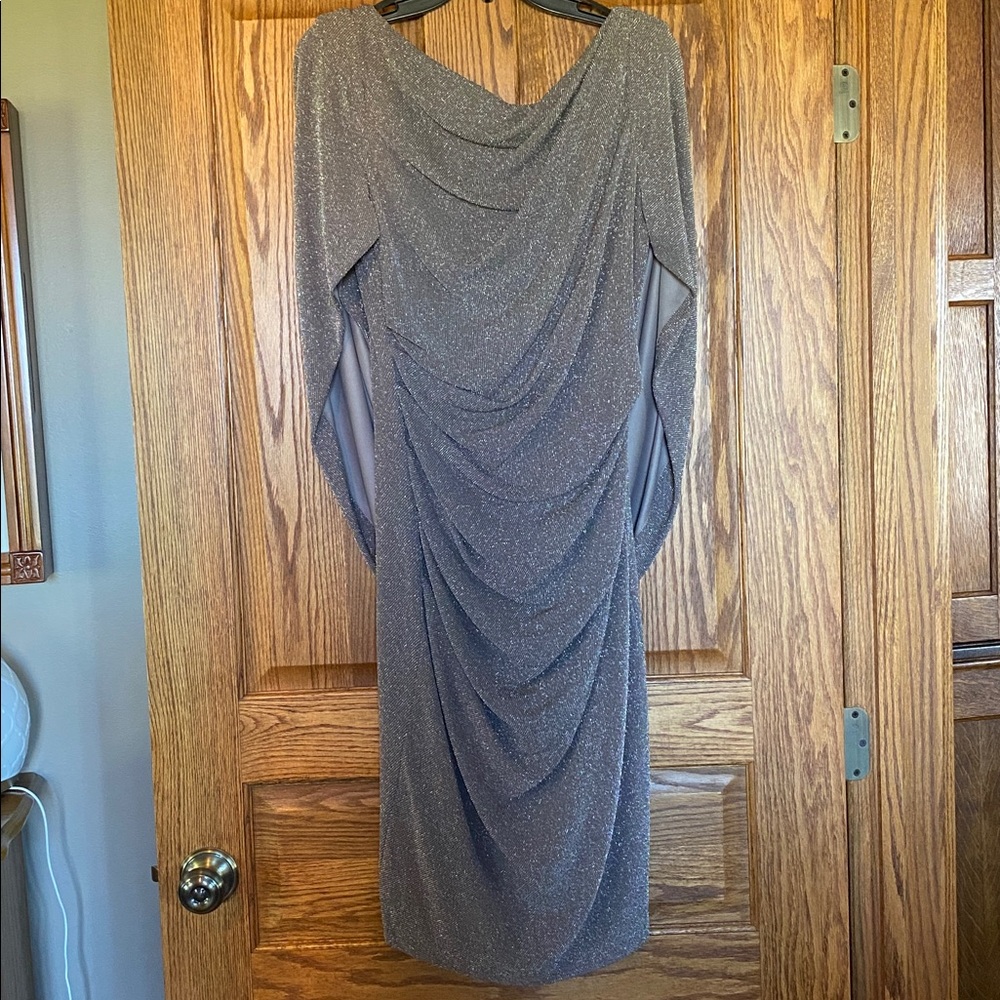 Betsy & Adam Shimmering Silver/Taupe Dress wrap style sleeve size 10 like new